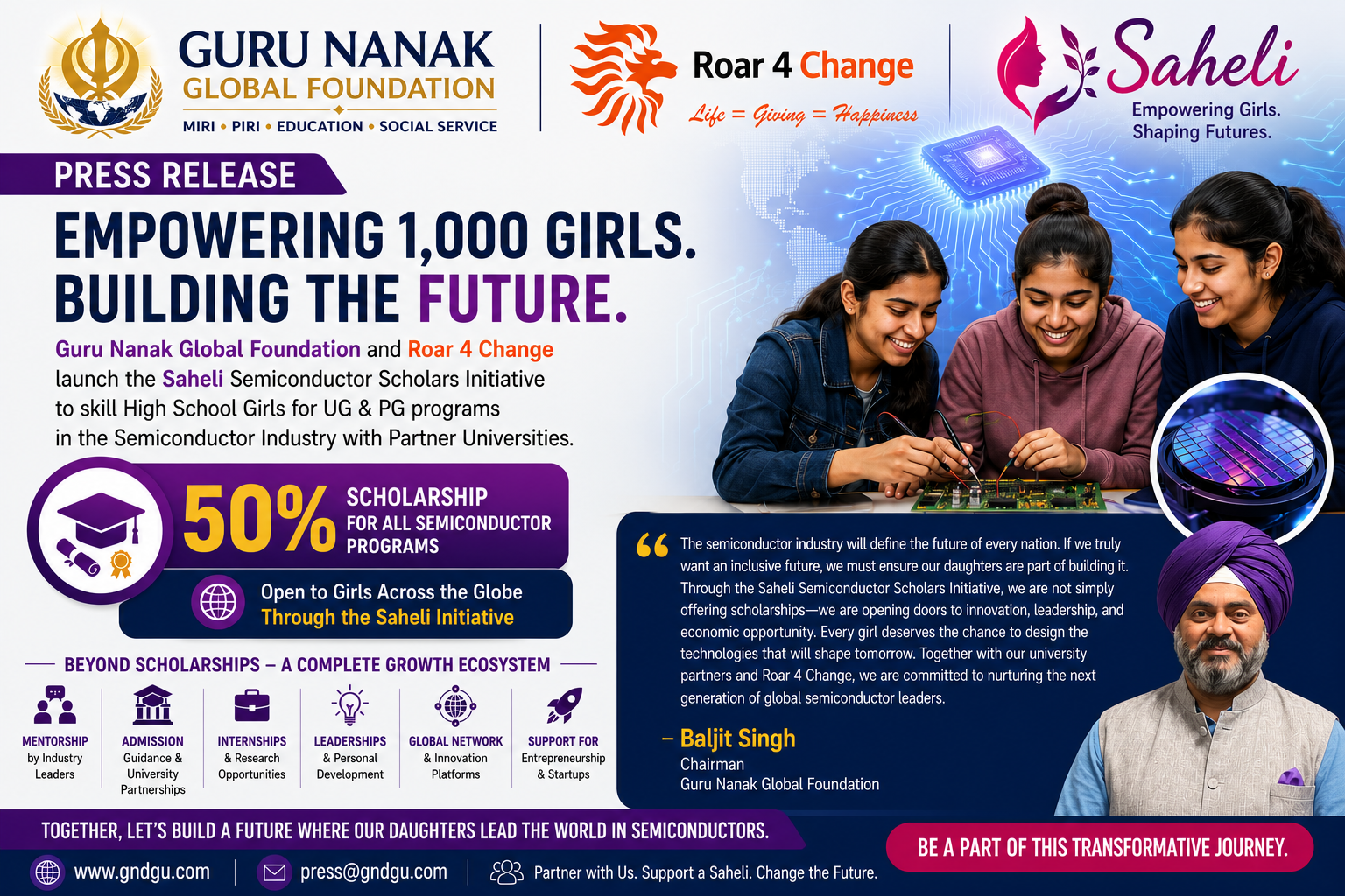Guru Nanak Global Foundation and Roar 4 Change Launch Global “Saheli Semiconductor Scholars” Initiative to Empower 1,000 Girls in Semiconductor Education