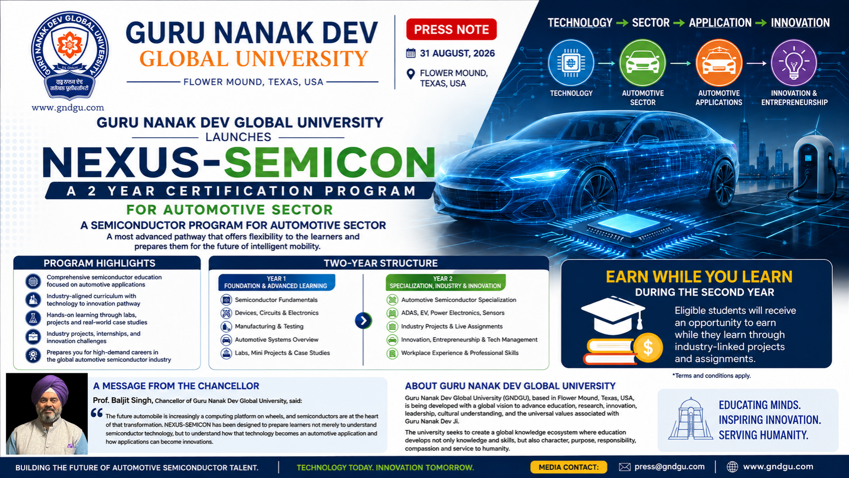 Guru Nanak Dev Global University to Launch NEXUS-SEMICON: A Two-Year Professional Certification Program for the Automotive Semiconductor Sector