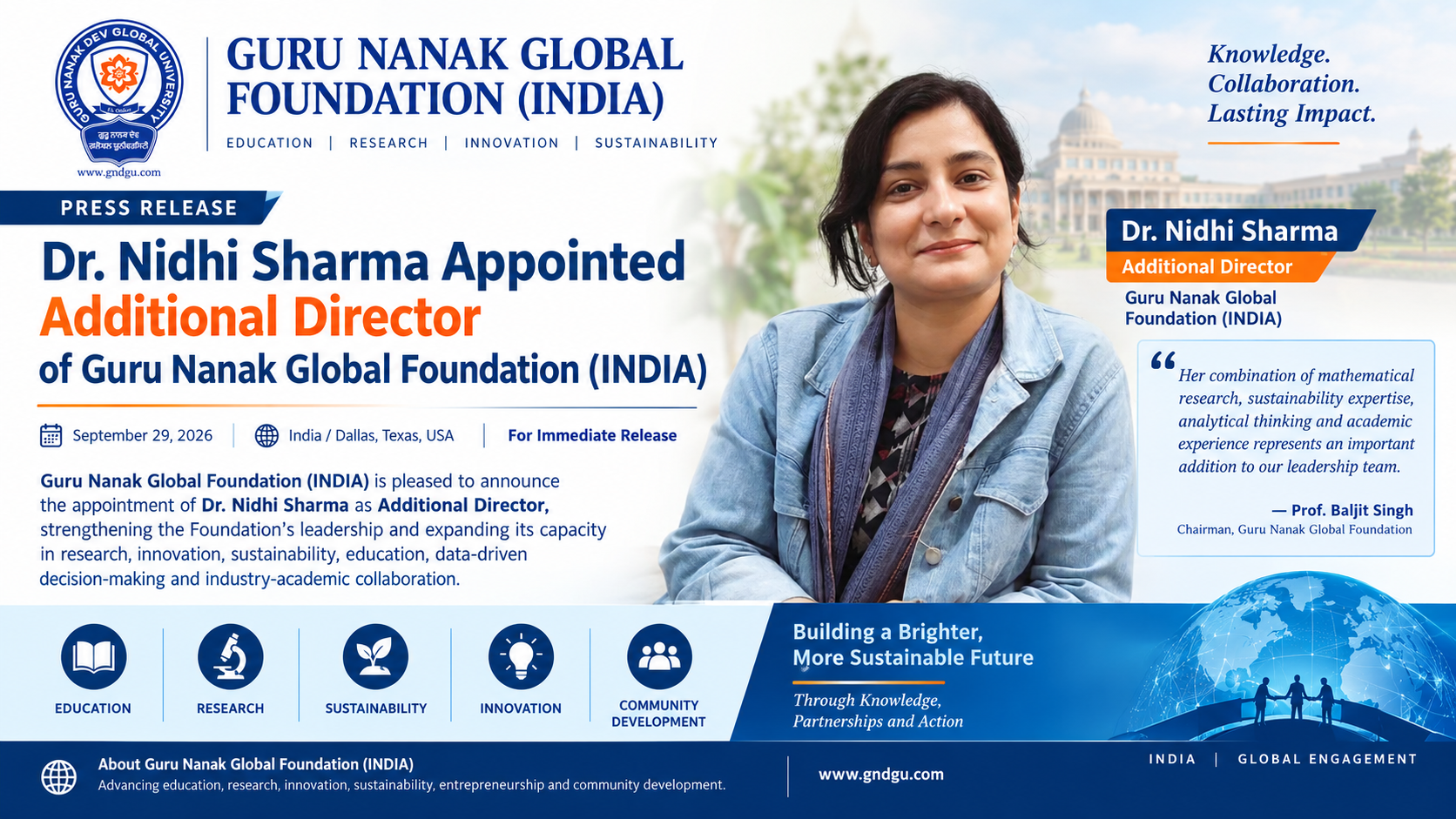 Dr. Nidhi Sharma Appointed Additional Director of Guru Nanak Global Foundation (INDIA)